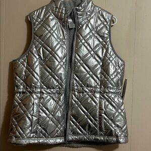 True Time, Silver Holiday Vest Shell 100% polyester, Faux Fur lining  L (12-14)